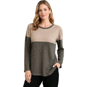 David Cline Women's Tan/Black Colorblock Chevron Long Sleeve Knit Top Medium